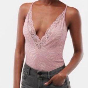 Express Deep V Spaghetti Strap Pink Lace Bodysuit